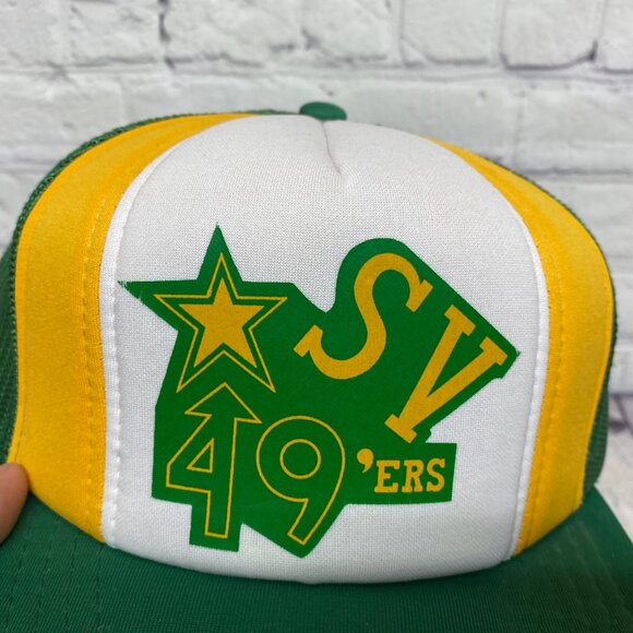 Vintage Trucker Hat Mesh Cap Snapback Green Yellow White SV 49'ers Sports 80s - Picture 6 of 8